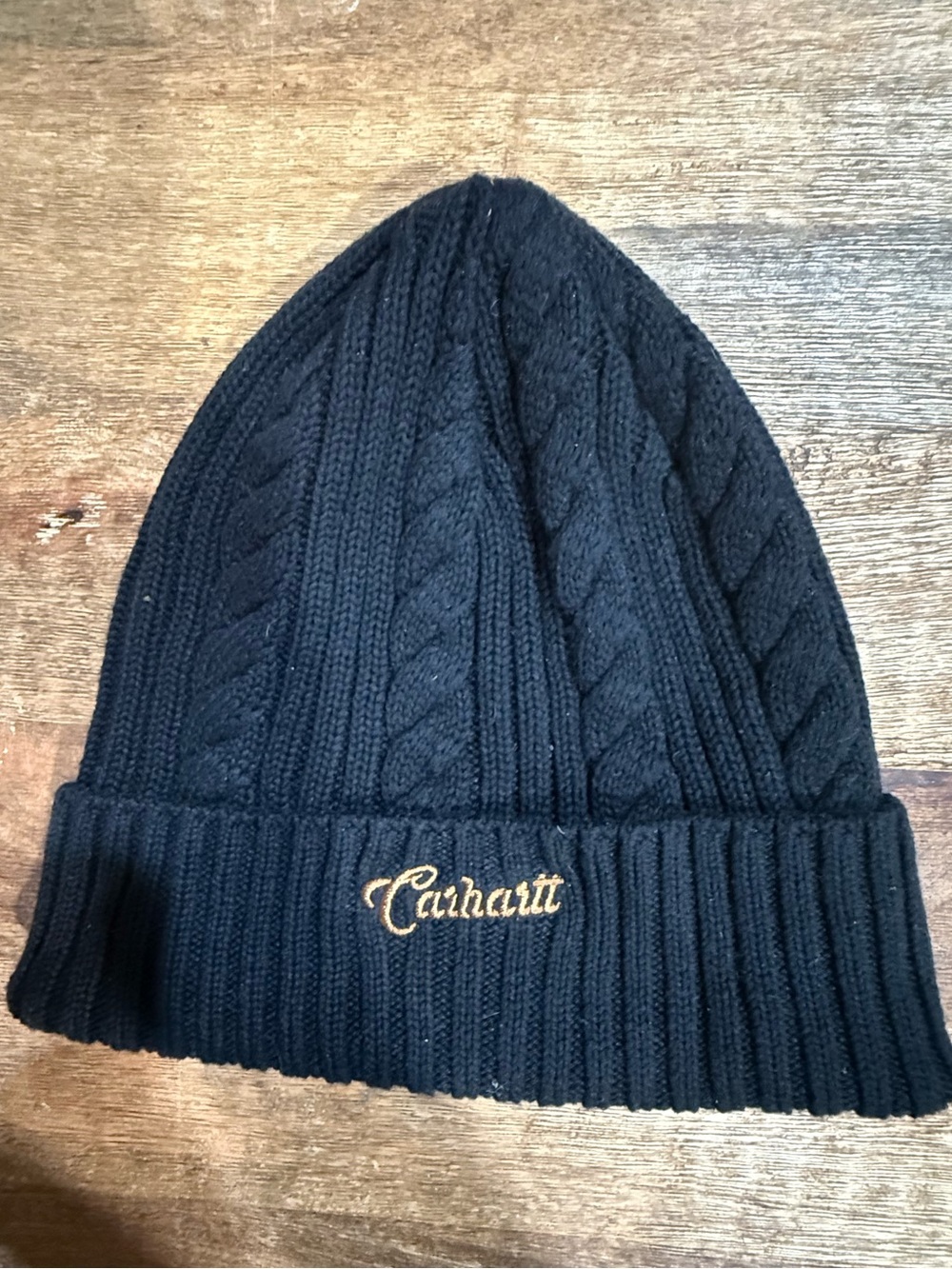 Carhartt Black Knit Cable Beanie with Gold Script Logo